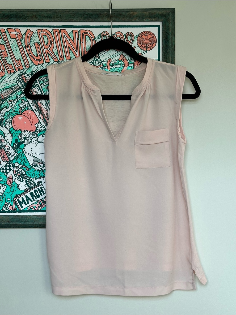 MANGO Pink Sleeveless V-neck Front Pocket Casual Top Blouse Women’s Size XS